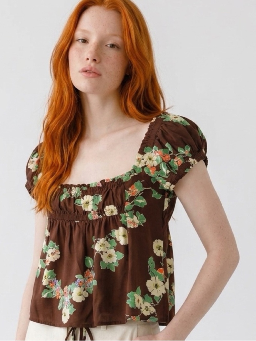 Free People Brown Floral Smocked Tank Top